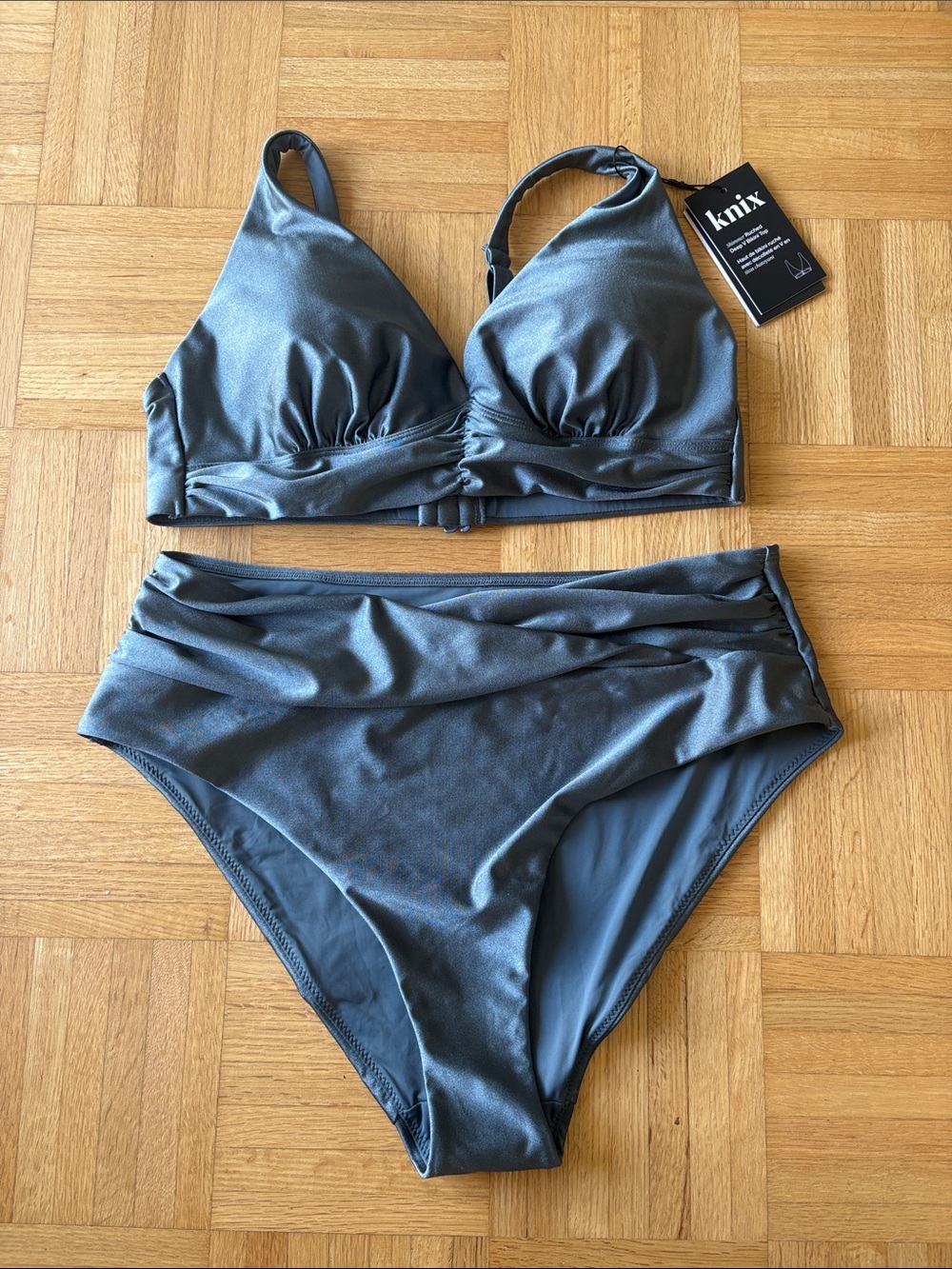 knix Shimmer High-Waist Bikini Set - p & Ruched Deep V Top & Bottom BNWT